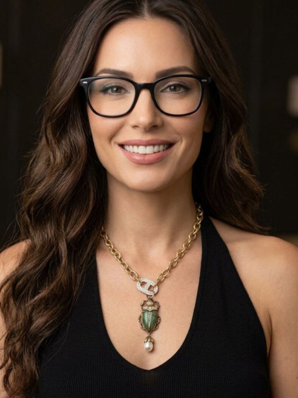 Green Scarab Beetle Statement Necklace, Antique Gold Chunky Link Chain